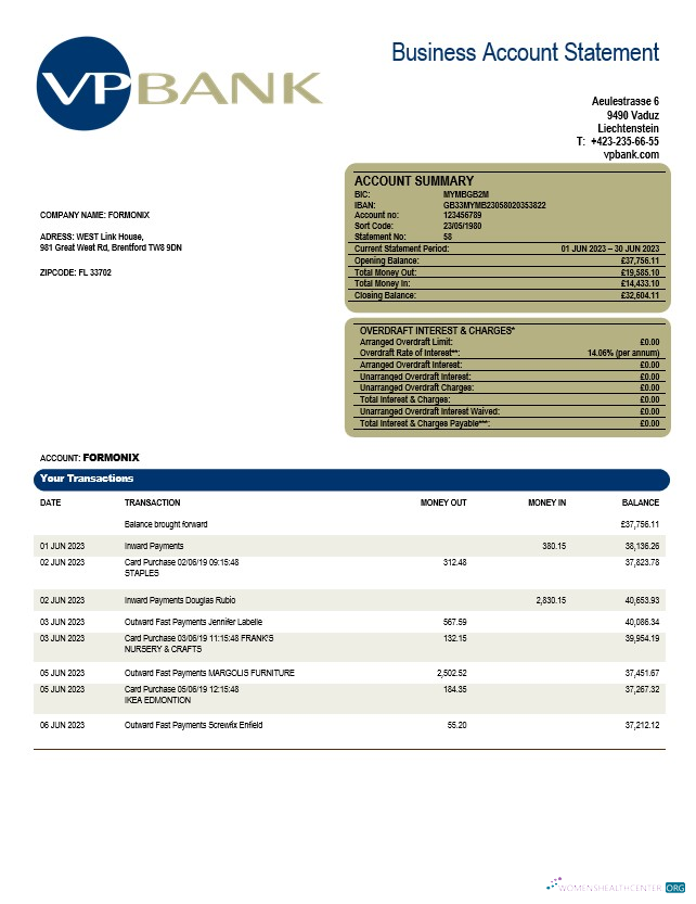 Download VP Bank firm account statement Word and PDF template Photoshop template